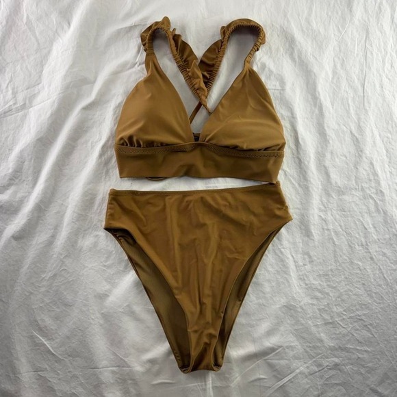 aerie Other - Aerie Ruffle Tie Longline Triangle Bikini Top & High Cut Cheek Bottoms Size M